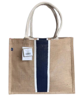 Fleming Jute White and Blue Stripe Nautical Tote Bag