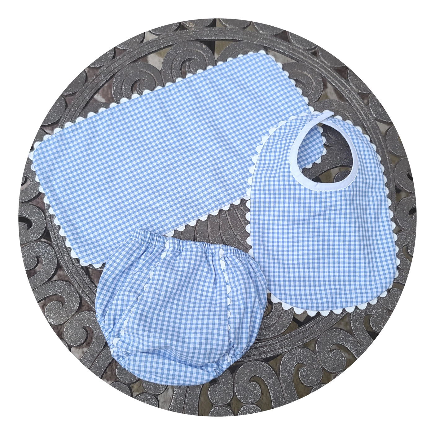 Blue Gingham Baby Bib With Ric Rac