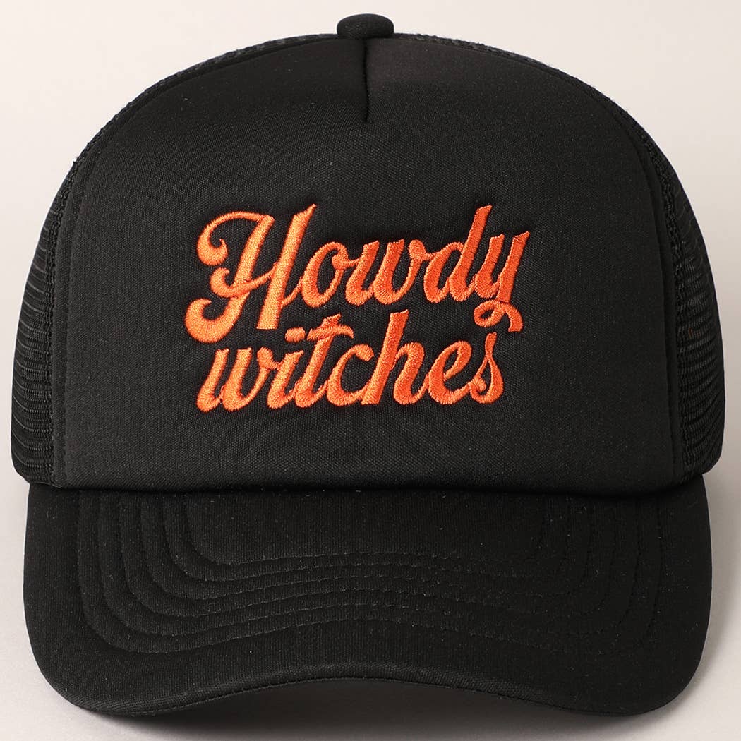 Howdy Witches Embroidered Mesh Back Trucker Hat in Black & Orange