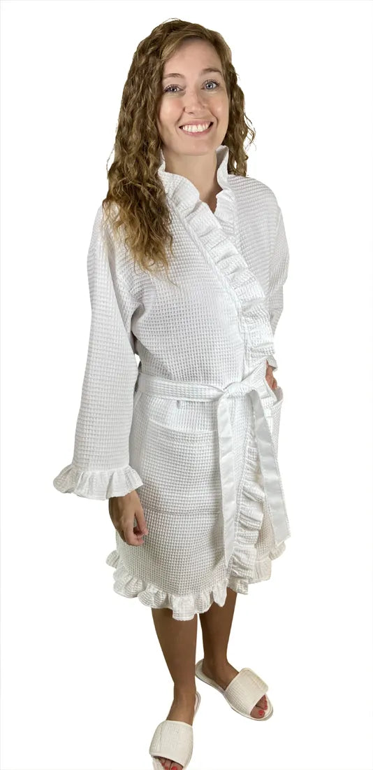 White Waffle Ruffle Robe