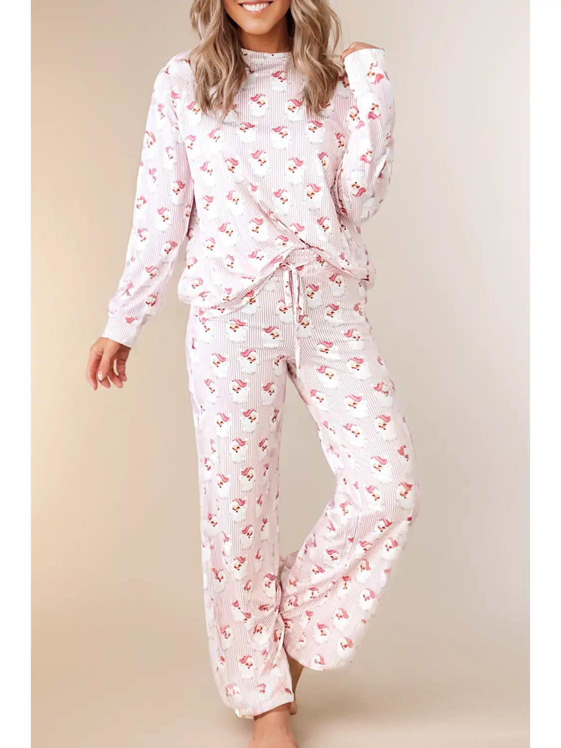 Pink Santa Claus Striped Print Loose Fit Two Piece Lounge Set