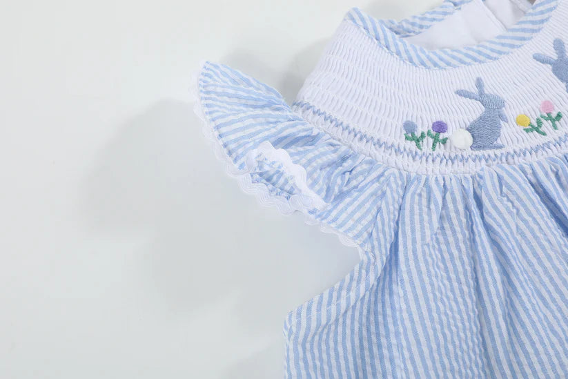 Light Blue Seersucker Easter Bunny Smocked Bishop Dress