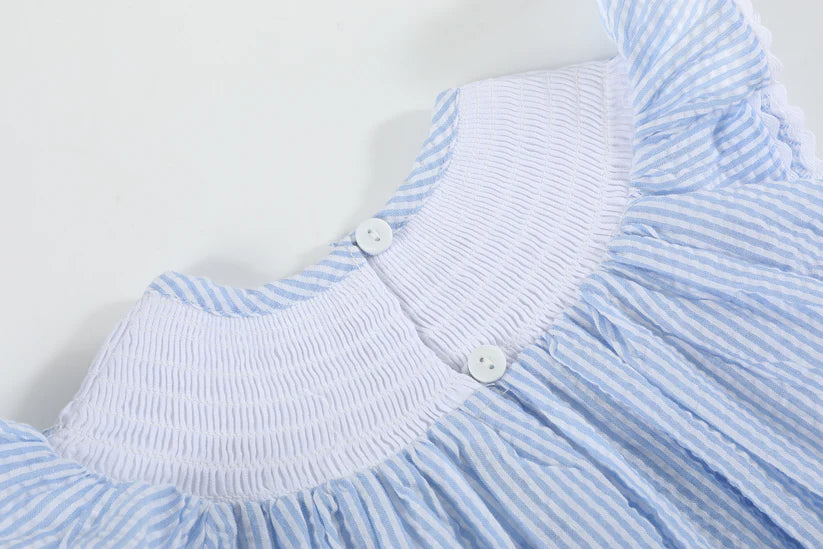 Light Blue Seersucker Easter Bunny Smocked Bishop Bubble