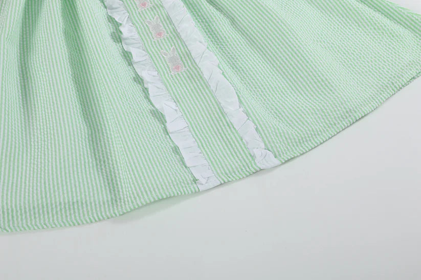 Green Seersucker Easter Bunny Ruffle Dress