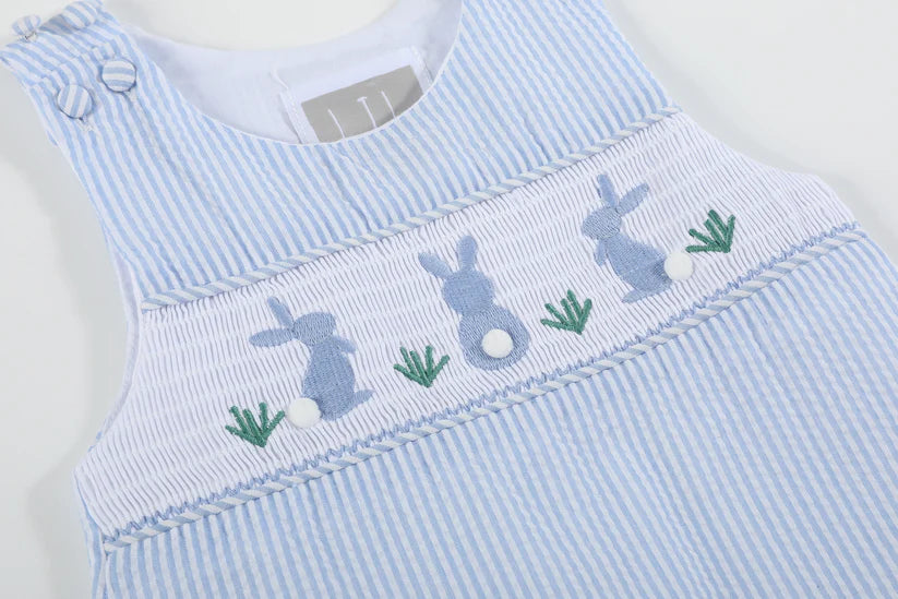 Light Blue Seersucker Easter Bunny Smocked Jon Jon