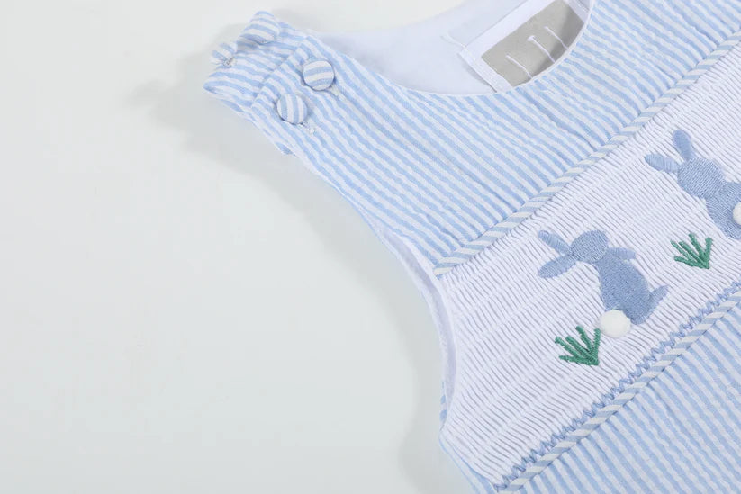 Light Blue Seersucker Easter Bunny Smocked Jon Jon
