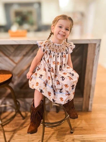 Girls Let's Rodeo Smocked Lattice Dress