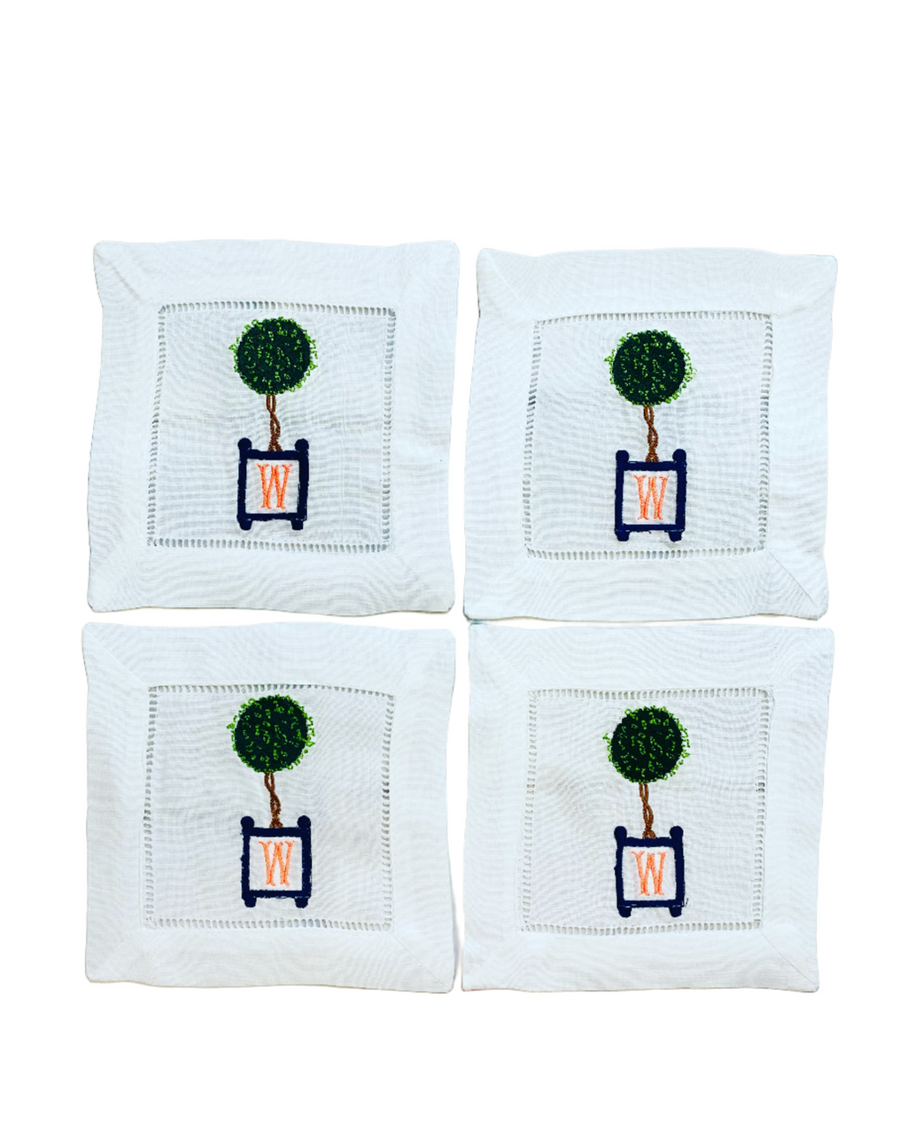Set of 4 Custom Topiary Linen Cocktail Napkins