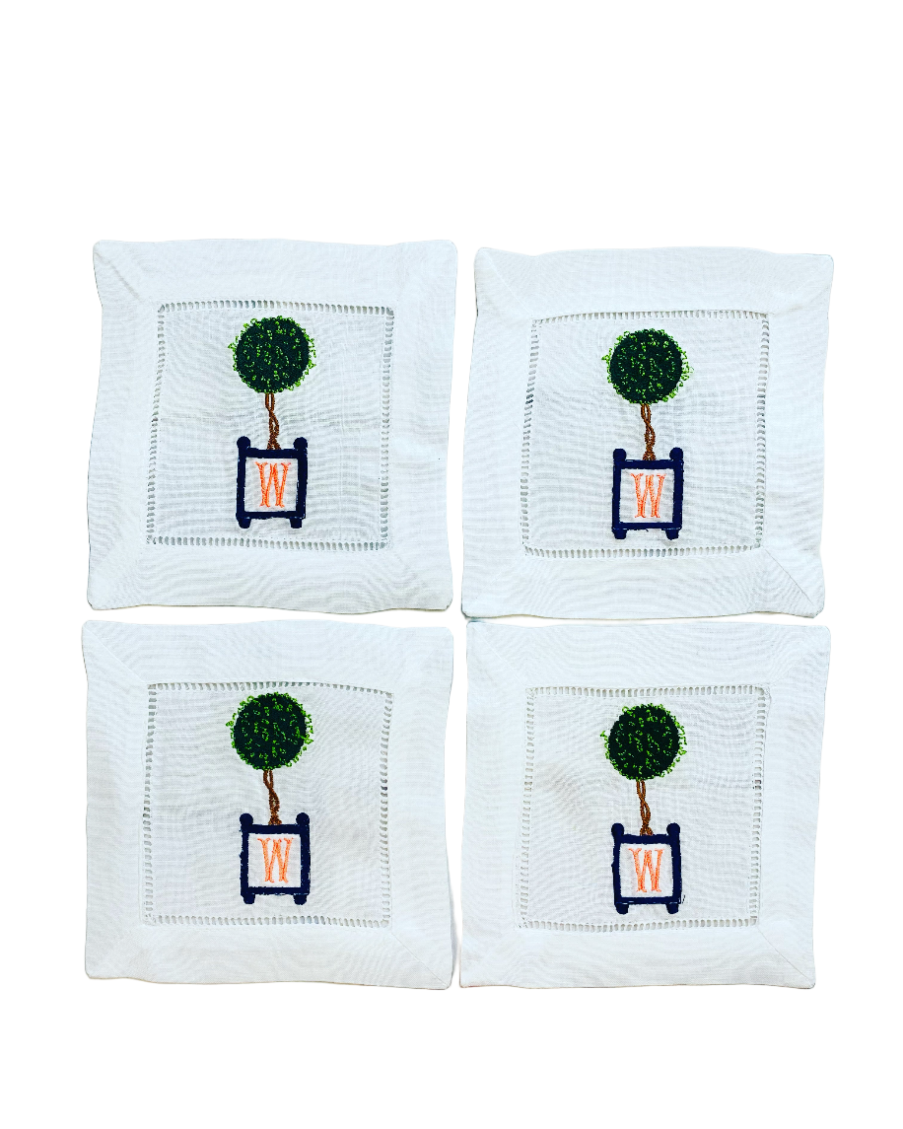 Set of 4 Custom Topiary Linen Cocktail Napkins