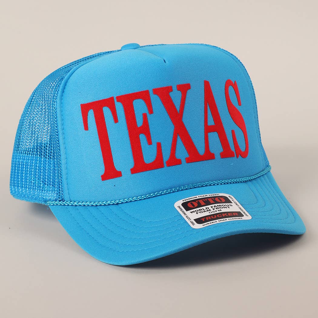 Light Blue TEXAS Printed in Red Mesh Back Foam Trucker Hat