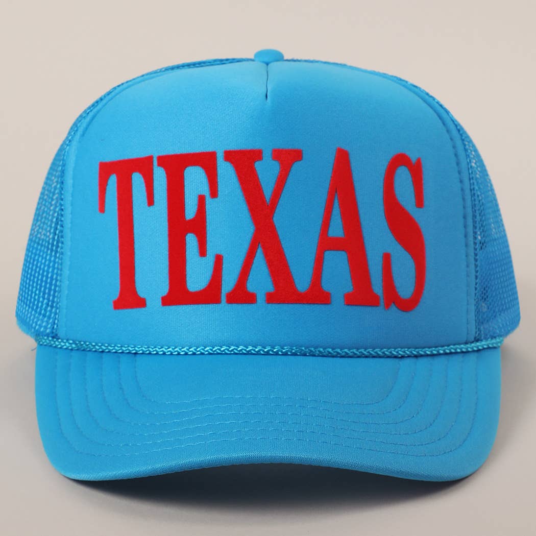 Light Blue TEXAS Printed in Red Mesh Back Foam Trucker Hat