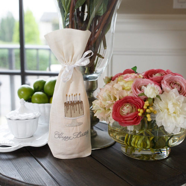 Happy Birthday Cake Linen Wine Bag