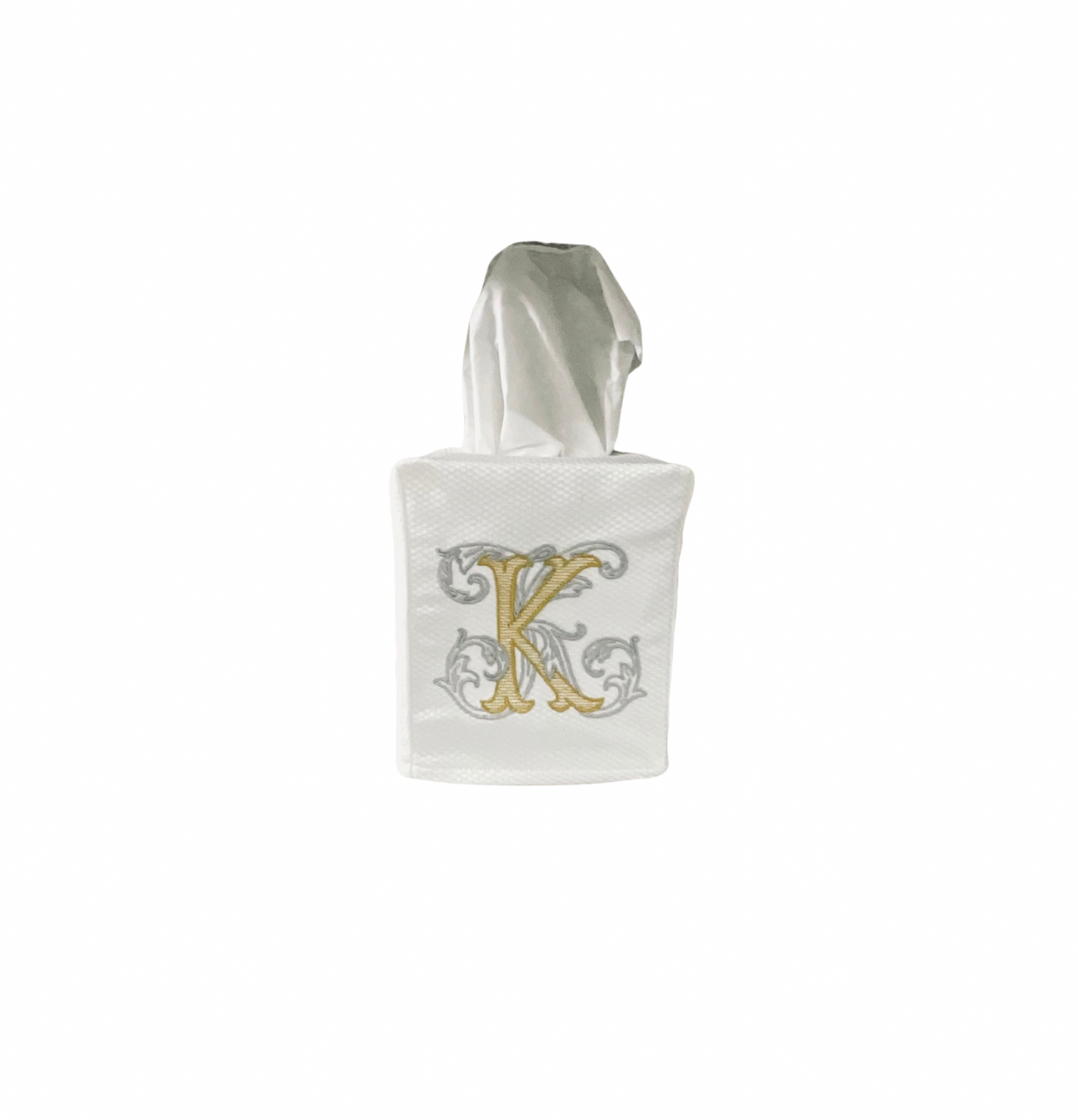 White Pique Monogram Tissue Box Cover