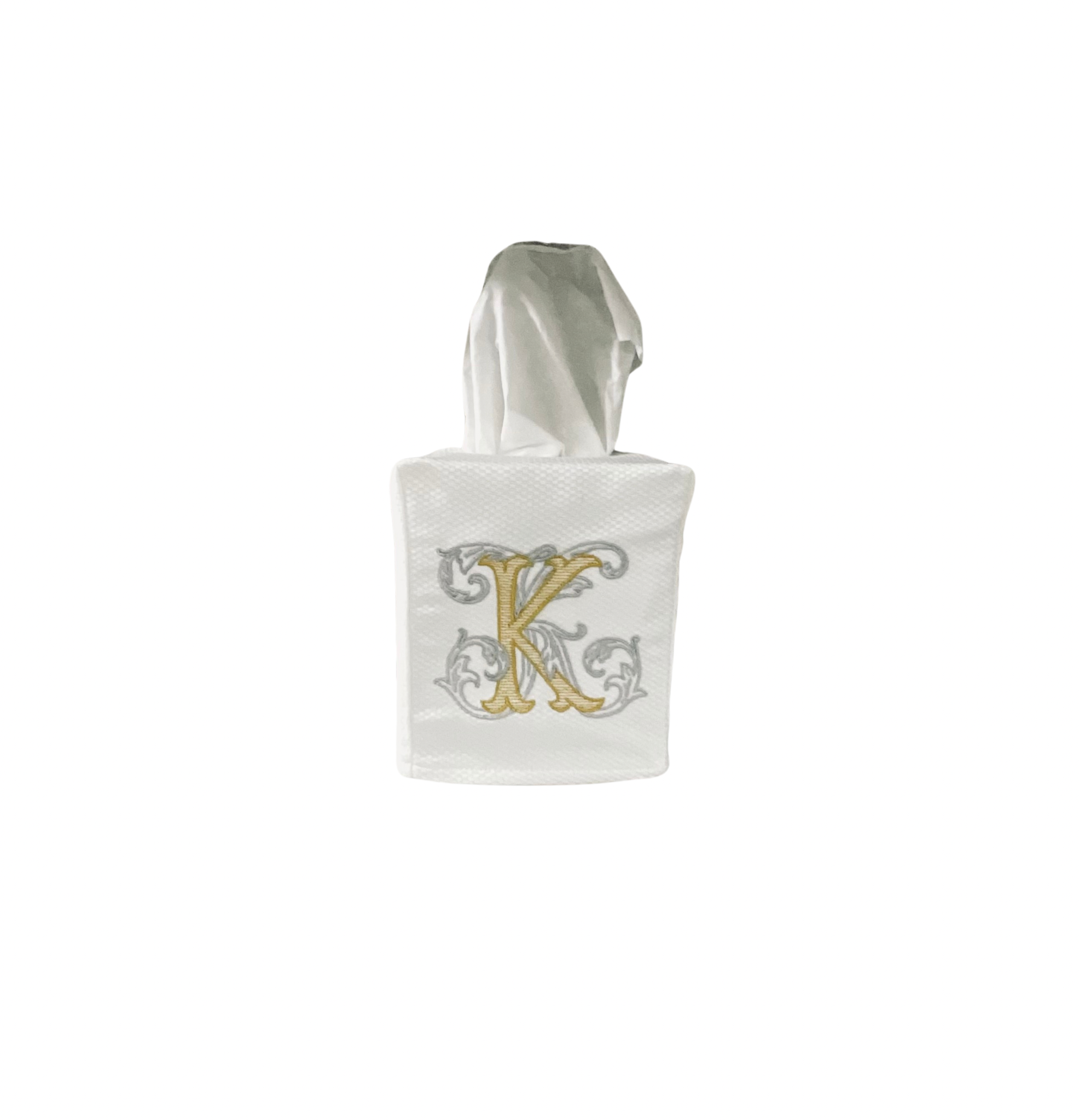 White Pique Monogram Tissue Box Cover