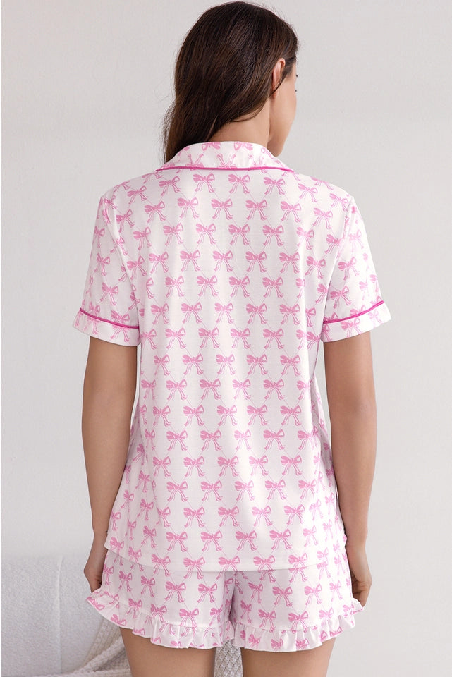 Pink Bow Print Short Sleeve Shorts Pajama Set