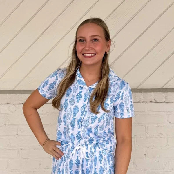 Claire Ginger Jar Print Short Sleeve Sleep Set in White and Palace Blue from The Royal Standard