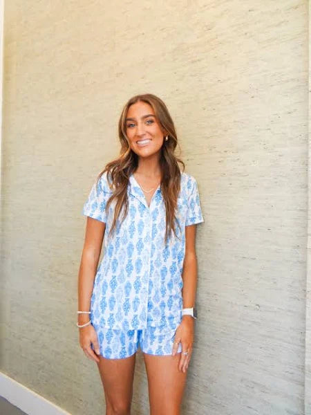 Claire Ginger Jar Print Short Sleeve Sleep Set in White and Palace Blue from The Royal Standard