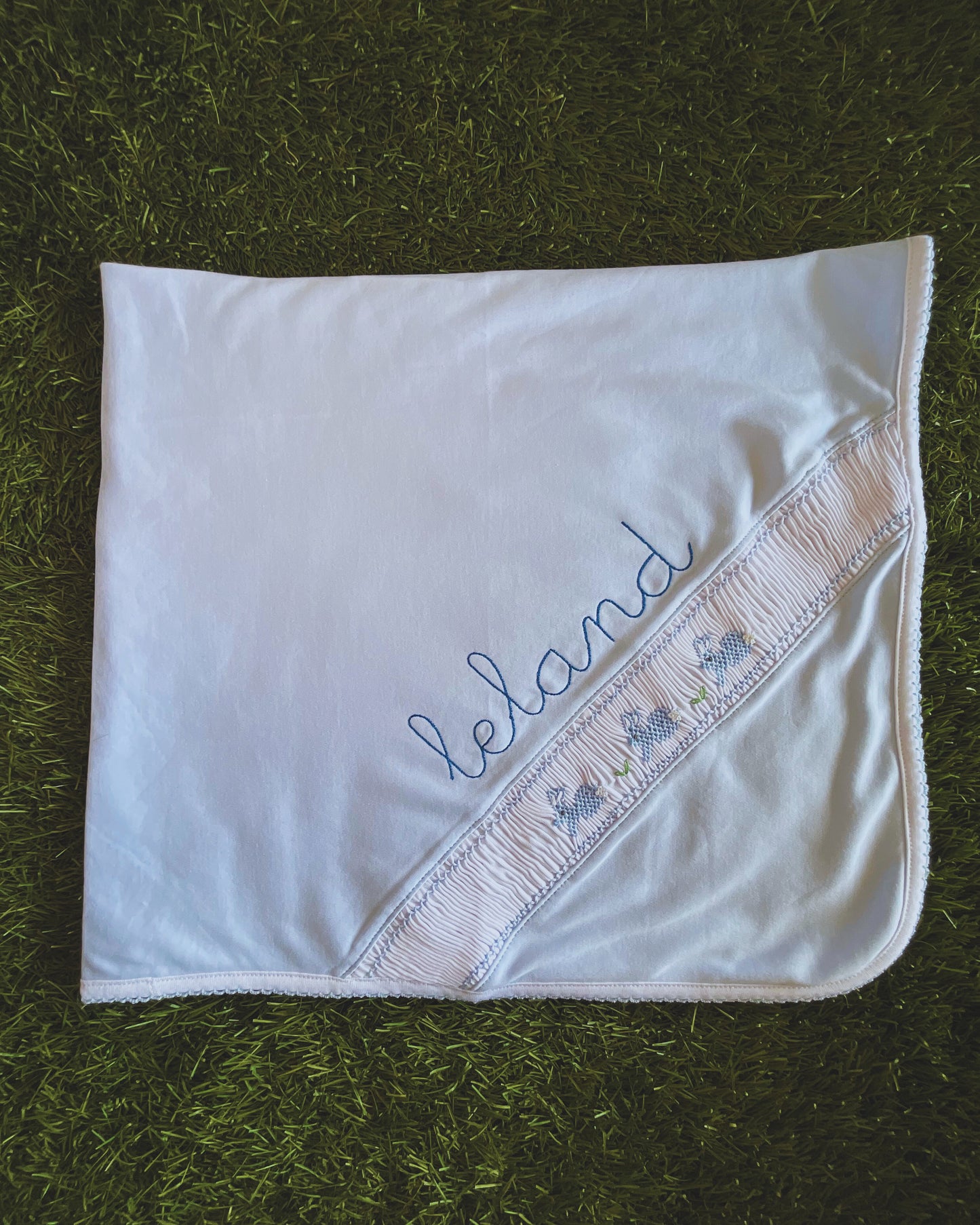 Pastel Blue Bunny Smocked Receiving Blanket
