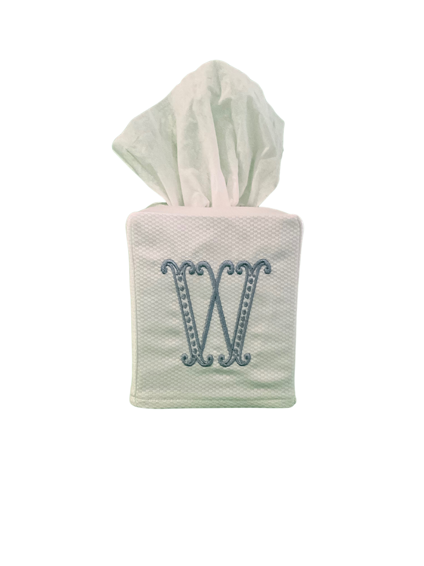 White Pique Monogram Tissue Box Cover