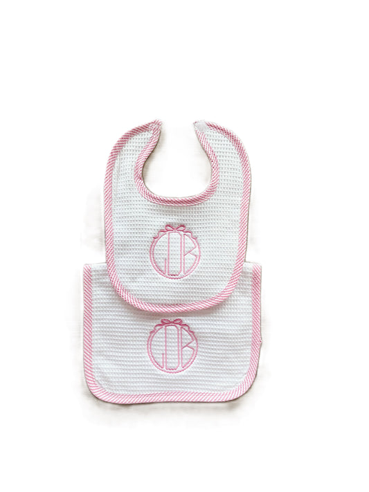 Pink Seersucker Bib & Burp Set