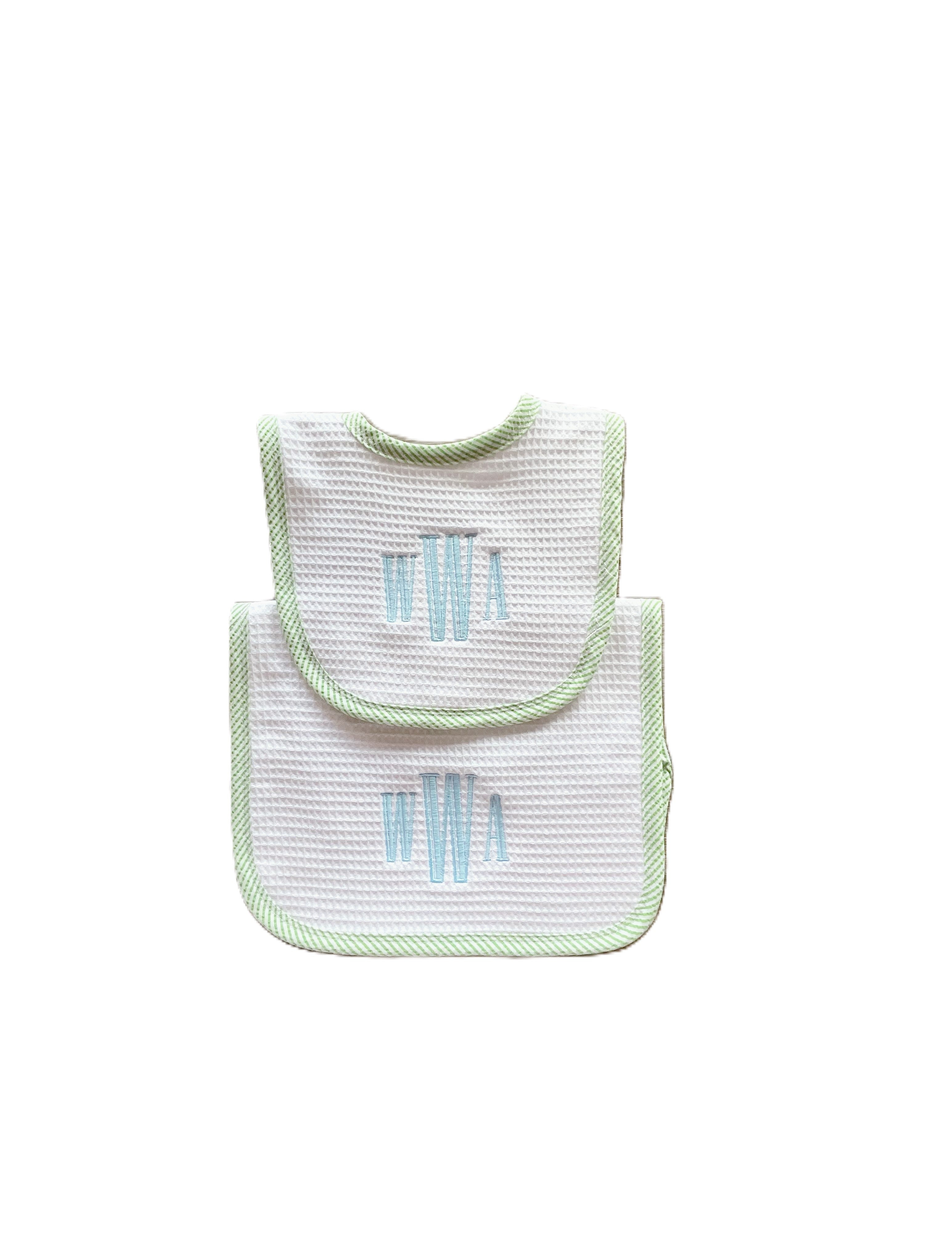 Green Seersucker Bib & Burp Set with Optional Monogram