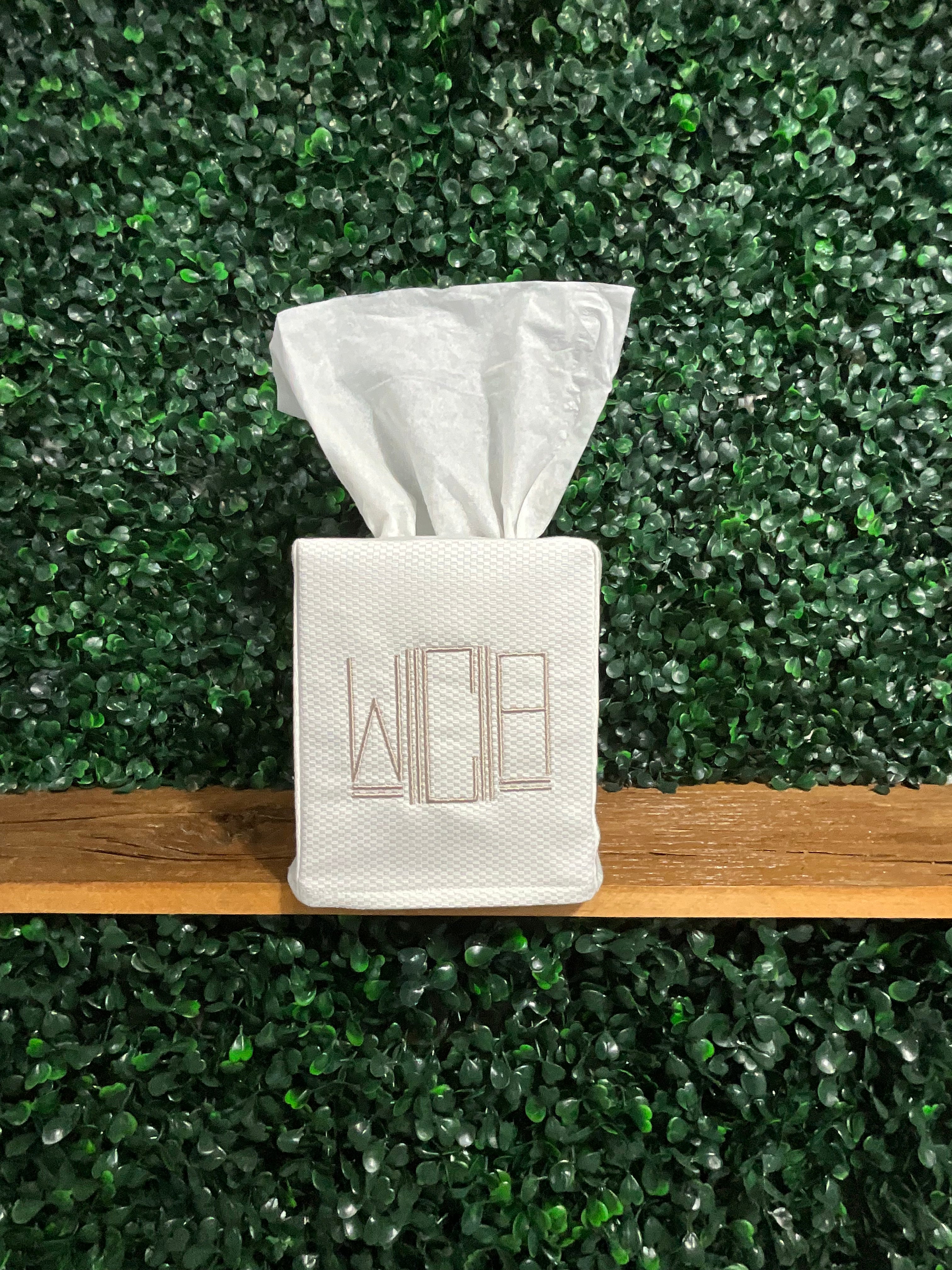 White Pique Monogram Tissue Box Cover