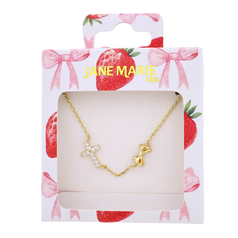 Kids Gold Cable Chain Necklace with Clear Crystal Cross & Bow Accent in Chain