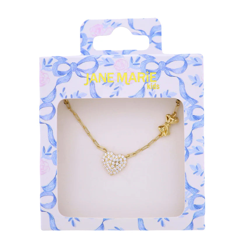 Kids Gold Paperclip Chain Necklace with Clear Crystal Heart with Bow in Chain