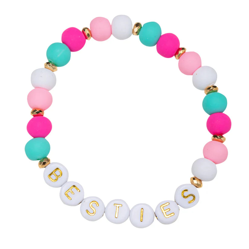 Kids Hot Pink, Light Pink, White, Turquoise Rubber Ball Beaded Stretch Bracelet with "Besties" by Jane Marie
