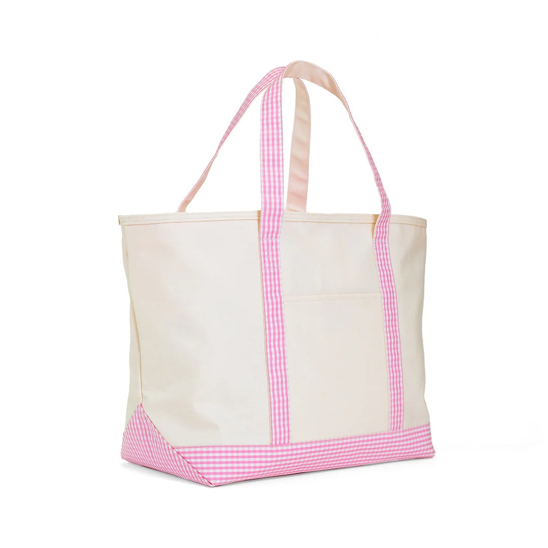 MAXI TOTE - COATED CANVAS Large NATURAL With GINGHAM PINK TRIM