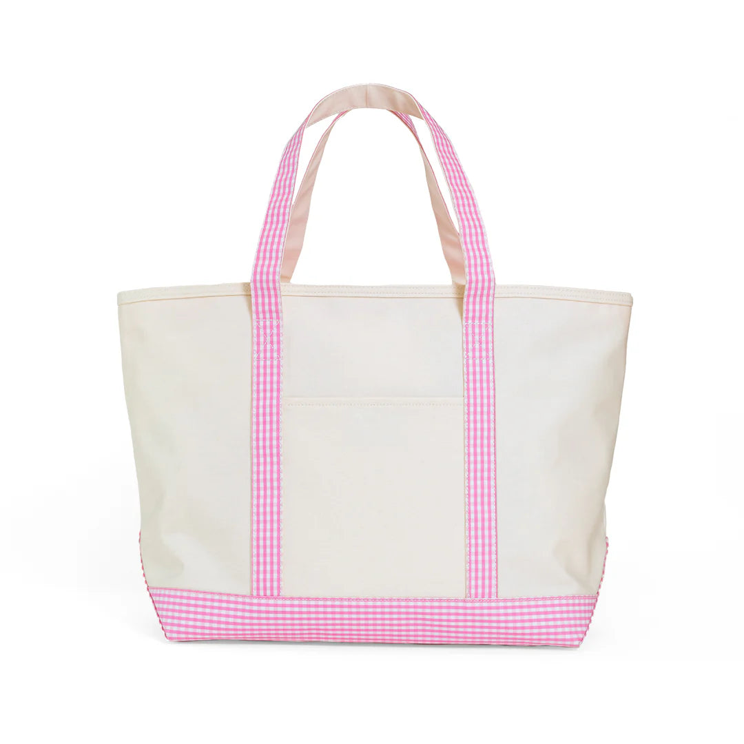 MAXI TOTE - COATED CANVAS Large NATURAL With GINGHAM PINK TRIM