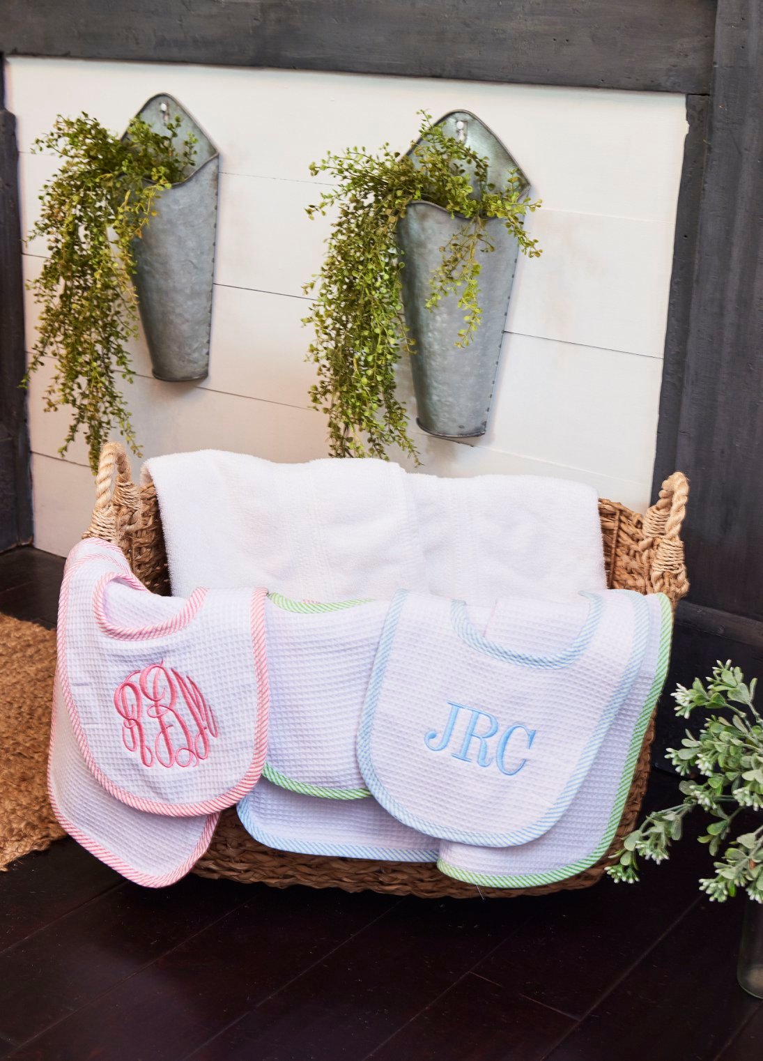 Green Seersucker Bib & Burp Set with Optional Monogram