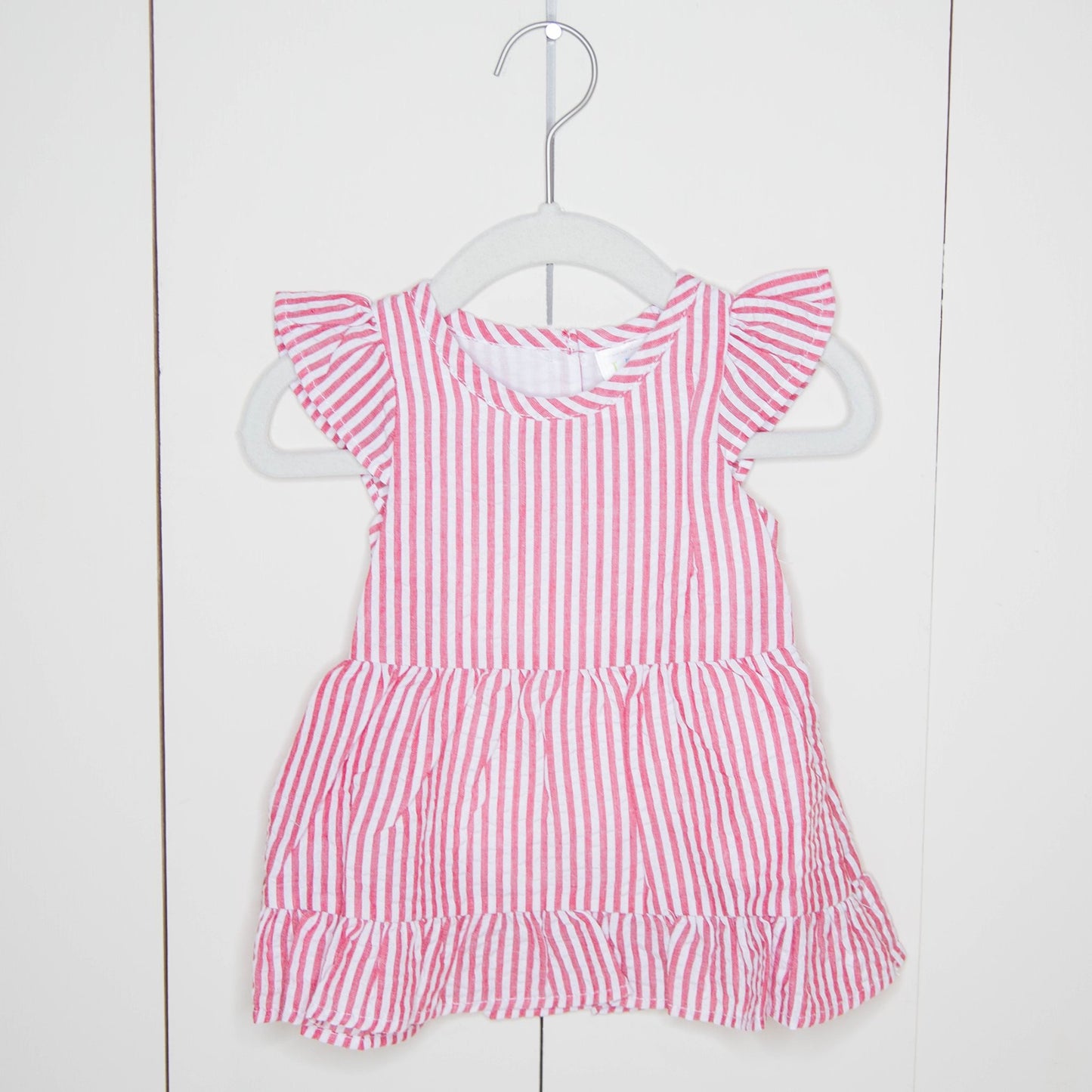 Girls Pink Seersucker Ruffle Dress