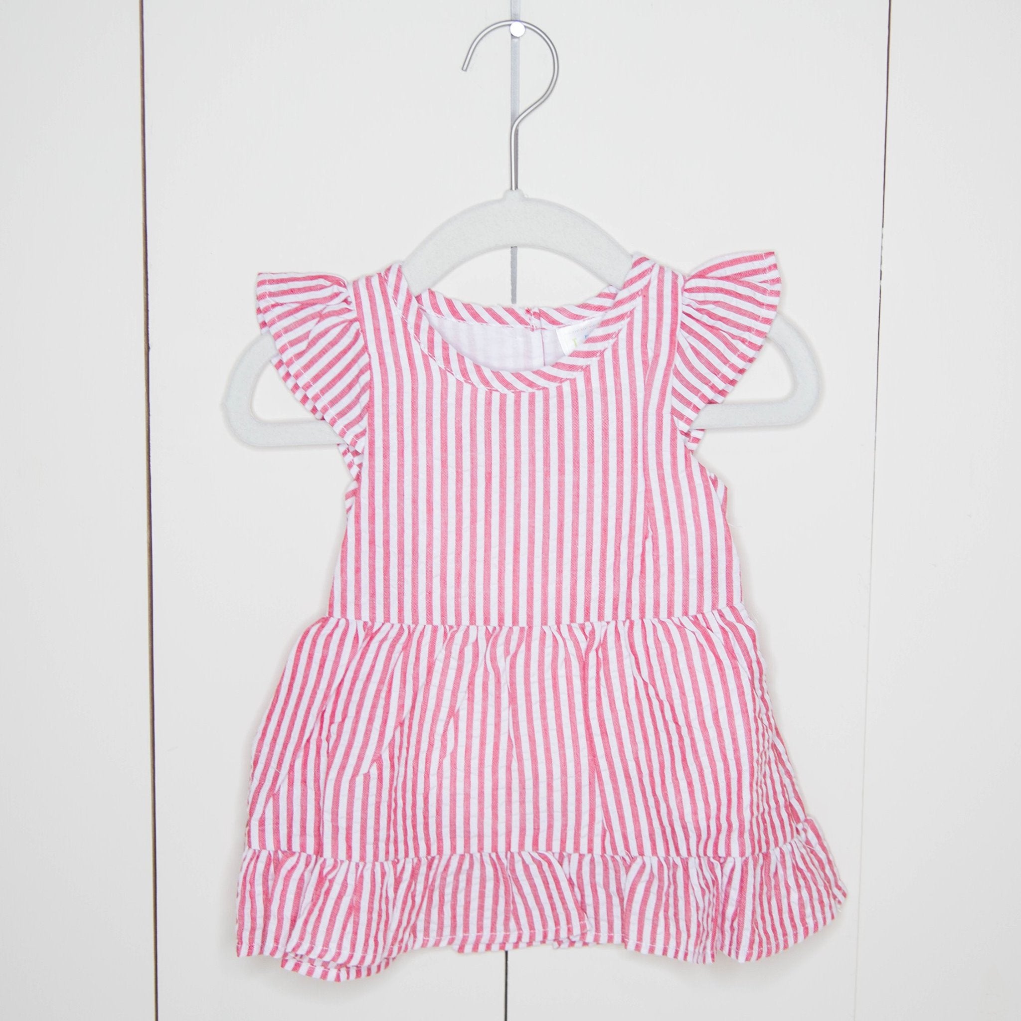 Girls Pink Seersucker Ruffle Dress