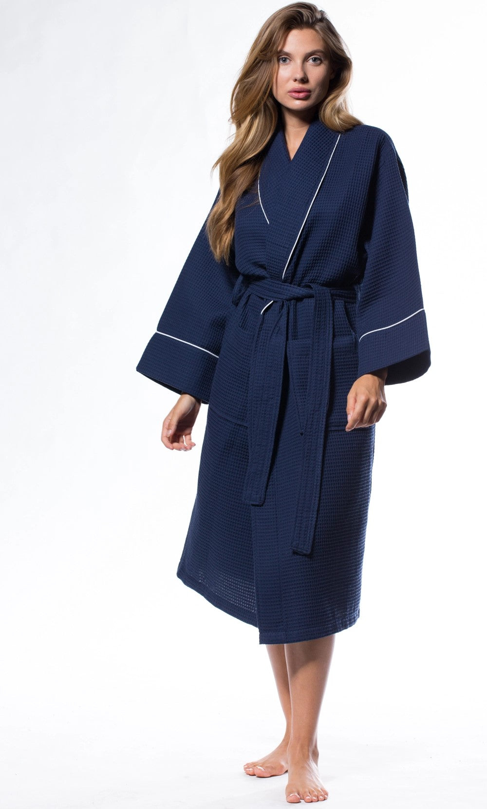 Adult Navy Waffle Long Shawl Robe with White Piping