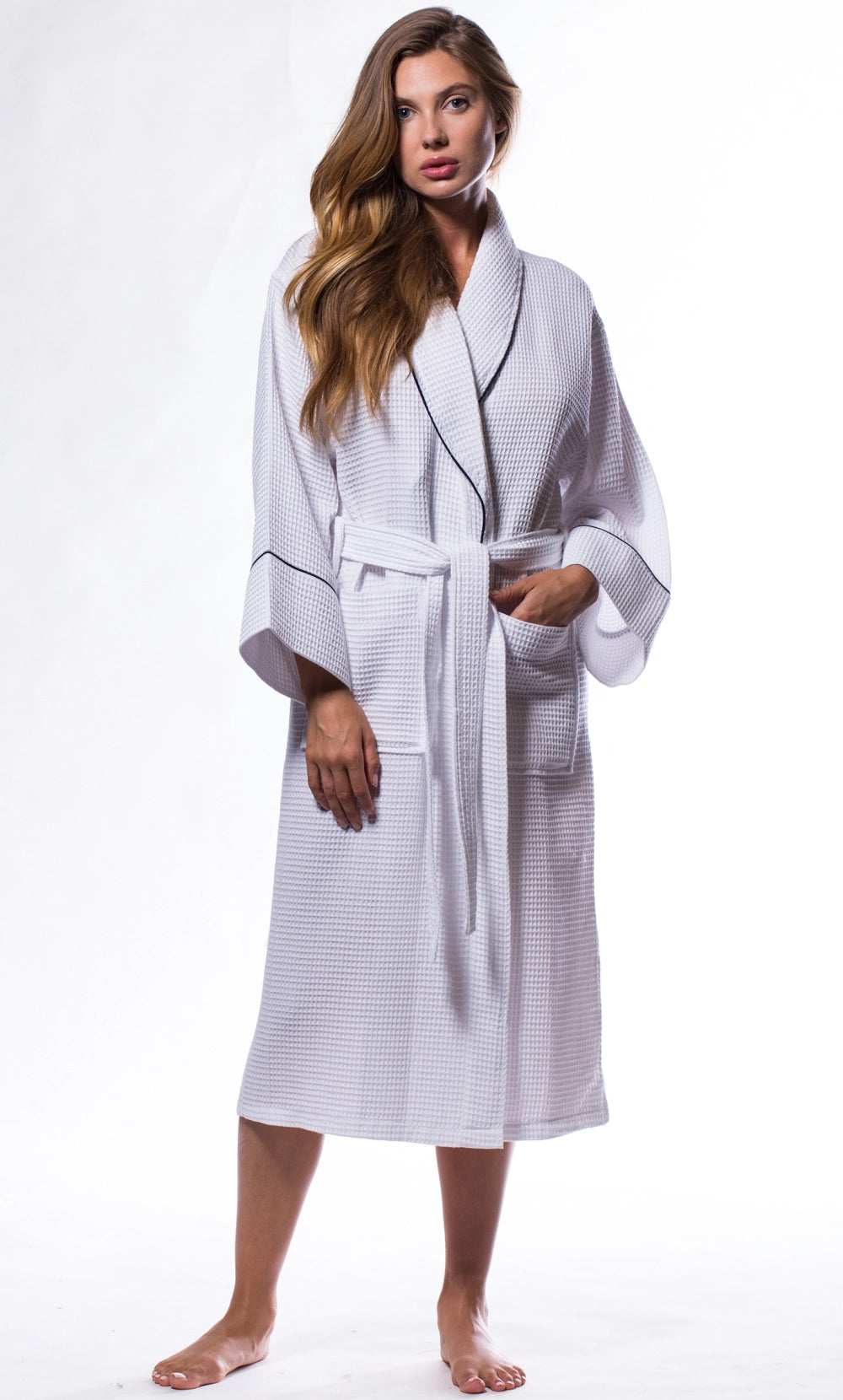 Adult White Waffle Shawl Robe with Navy Piping