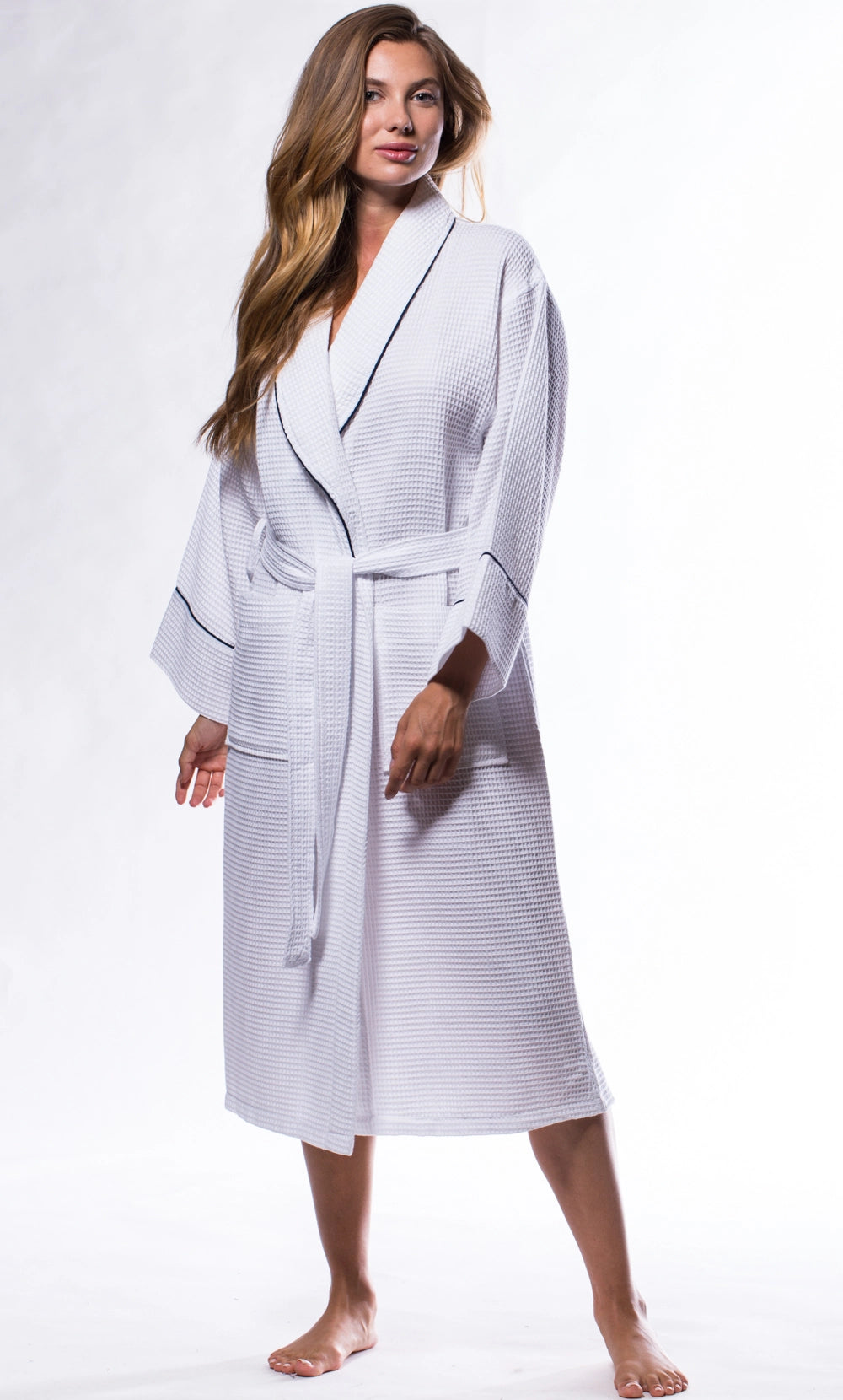 Adult White Waffle Shawl Robe with Navy Piping