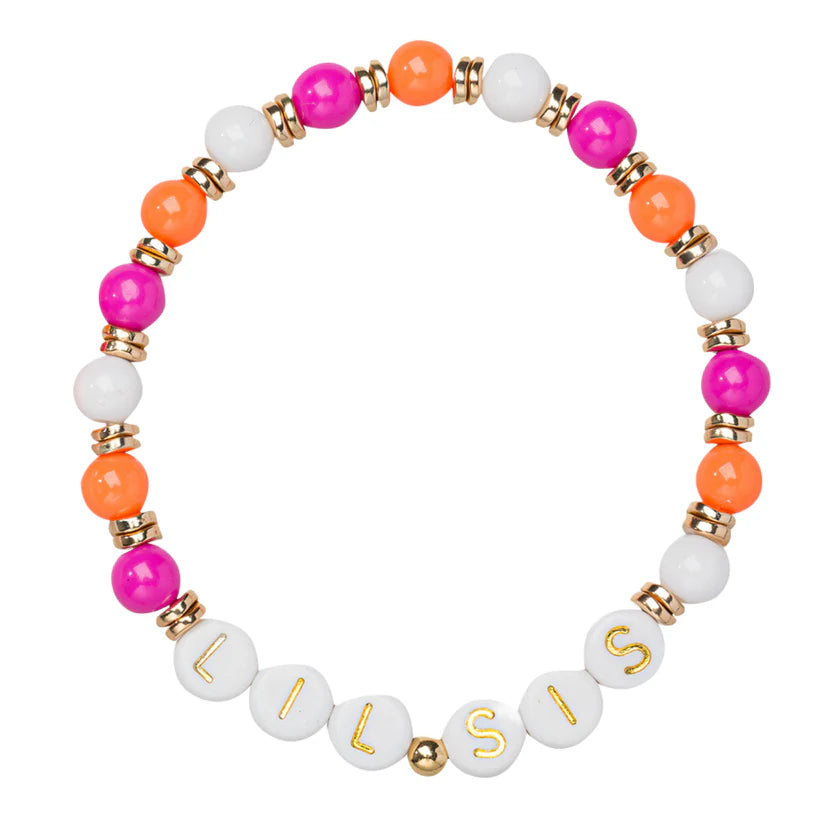 Kid's White, Orange, Hot Pink Beaded Stretch Bracelet with "Lil Sis" from Jane Marie (Copy)