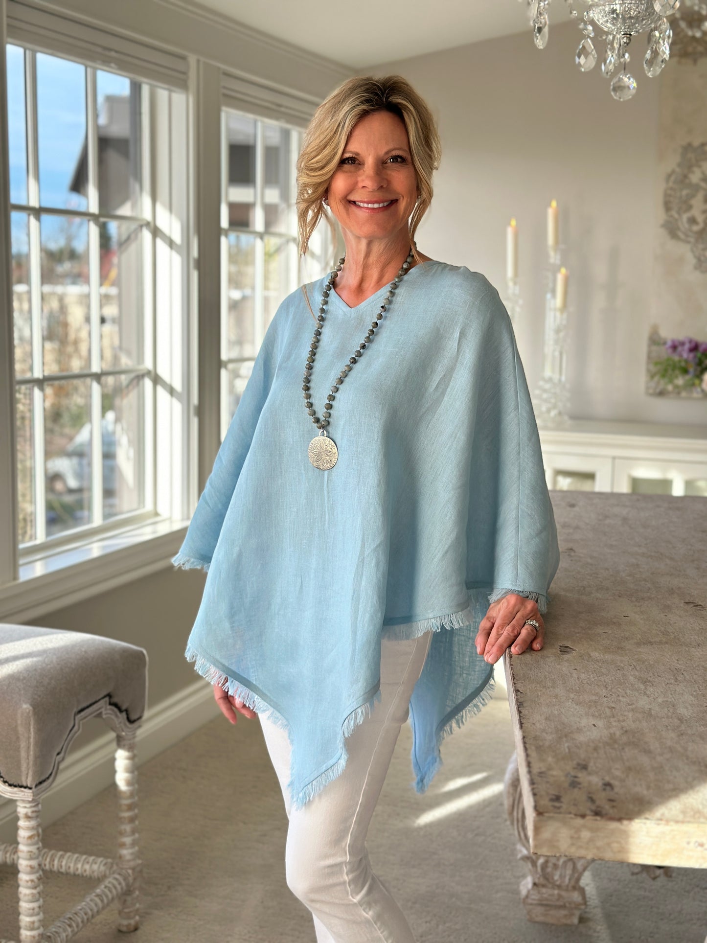 Linen Ladies Poncho in Light Blue