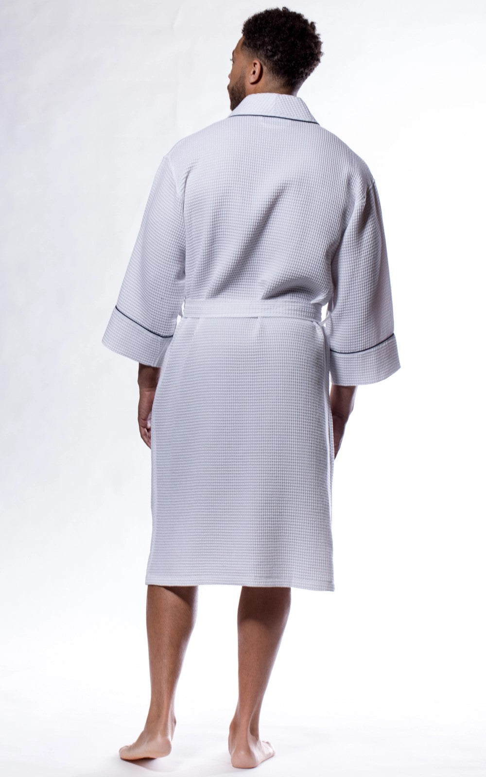 Adult White Waffle Shawl Robe with Navy Piping