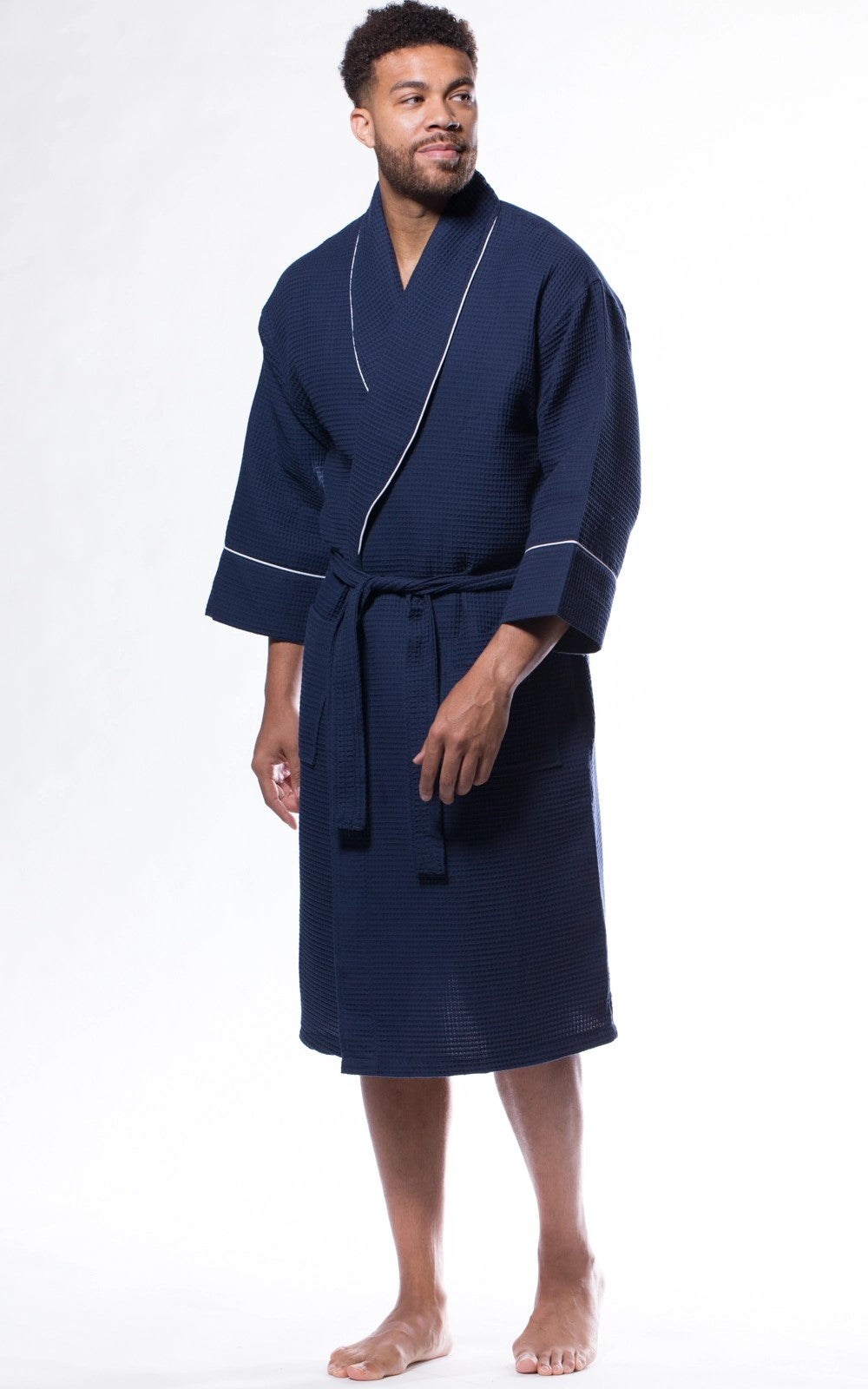 Adult Navy Waffle Long Shawl Robe with White Piping