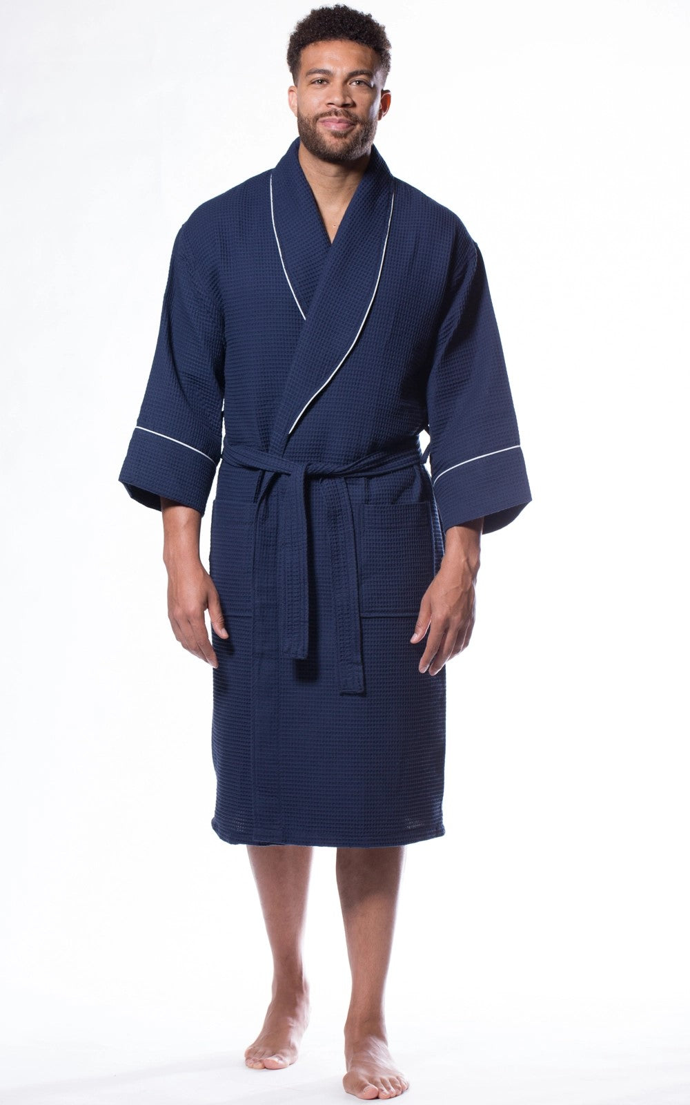 Adult Navy Waffle Long Shawl Robe with White Piping