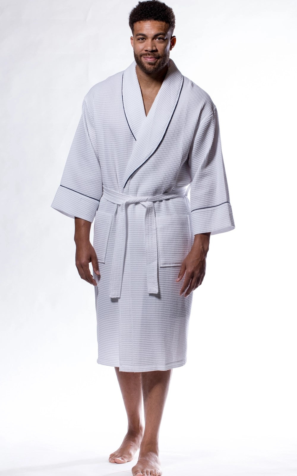 Adult White Waffle Shawl Robe with Navy Piping