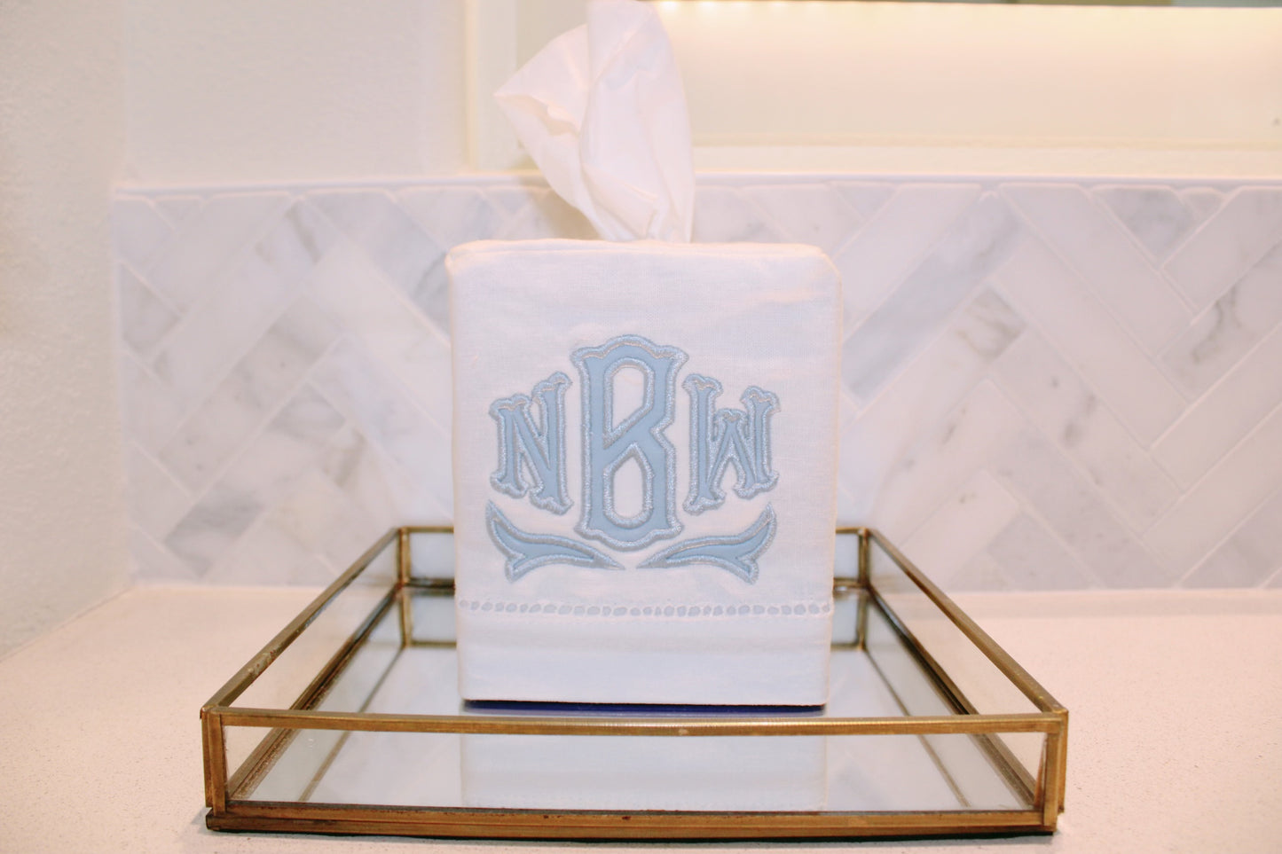 White Pique Monogram Tissue Box Cover