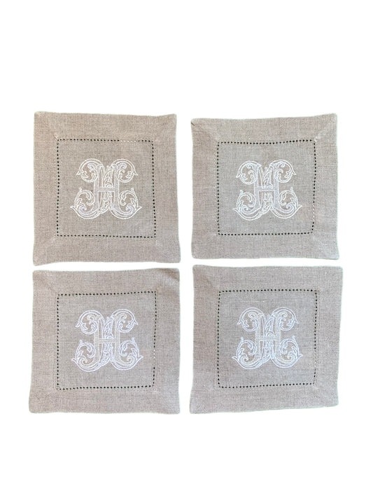 Set of 4 Flax Hemstitch Cocktail Napkins