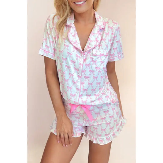 Pink Bow Print Short Sleeve Shorts Pajama Set