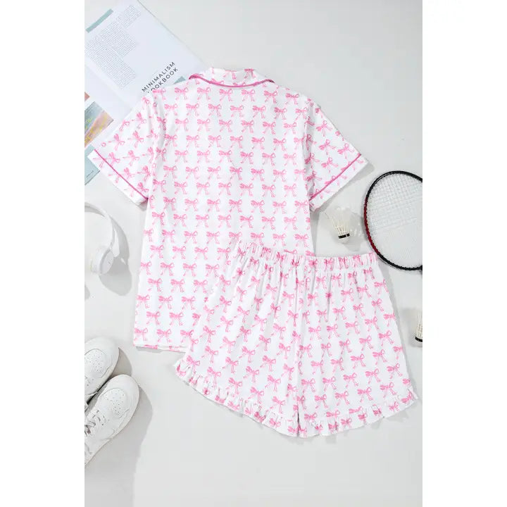 Pink Bow Print Short Sleeve Shorts Pajama Set