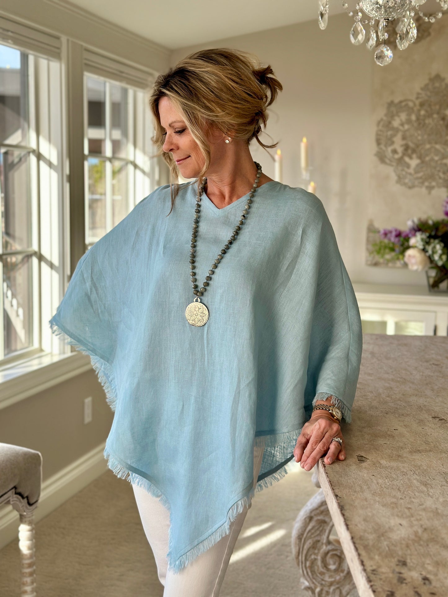 Linen Ladies Poncho in Light Blue