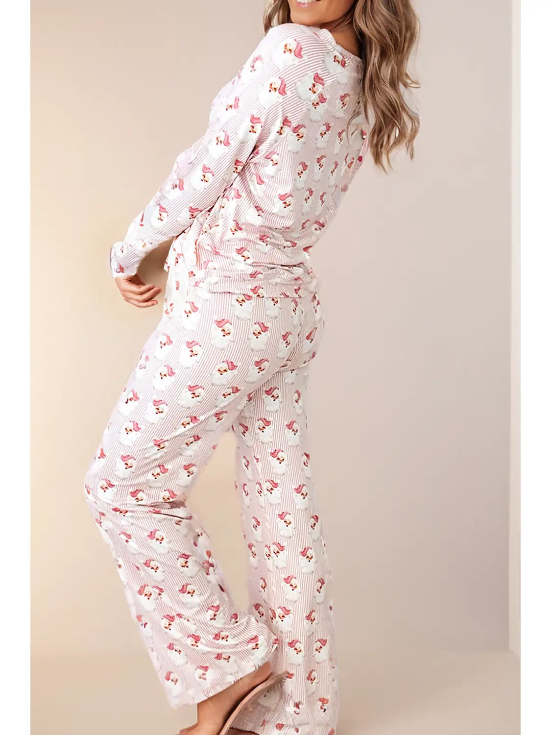 Pink Santa Claus Striped Print Loose Fit Two Piece Lounge Set