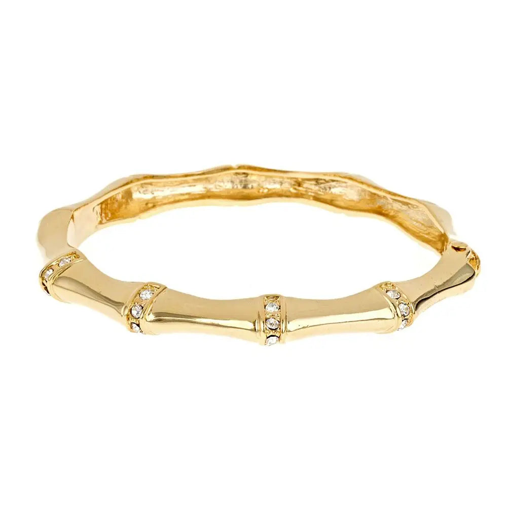 Rhinestone Bamboo Shape Gold Hinged Cuff Bracelet